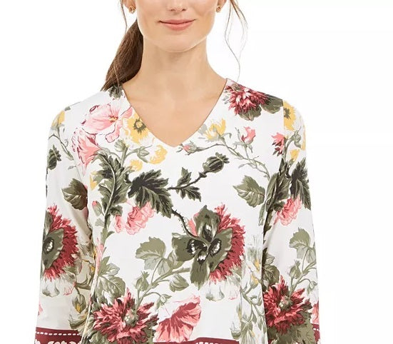 Charter Club Feminino Garden Estampado Gola V Top Branco Tamanho Grande