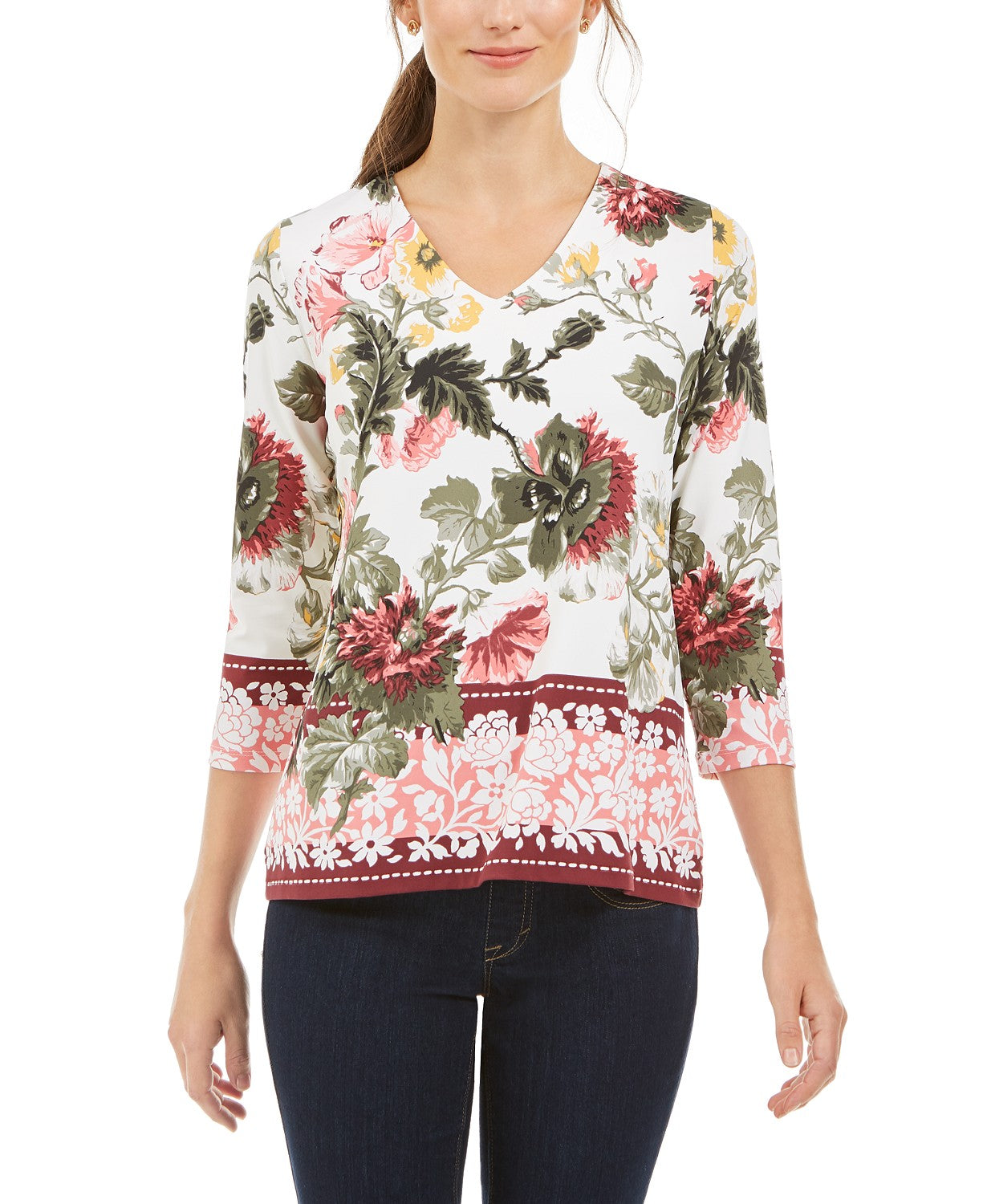 Charter Club Feminino Garden Estampado Gola V Top Branco Tamanho Médio