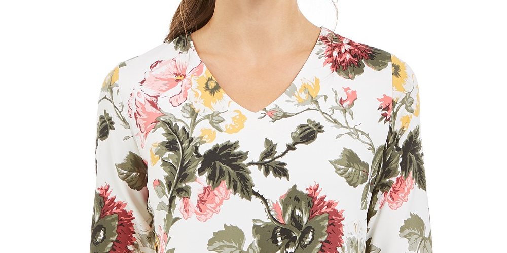 Charter Club Feminino Garden Estampado Gola V Top Branco Tamanho Médio
