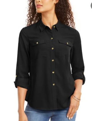 Camisa feminina Charter Club com dois bolsos, preta, tamanho X-S