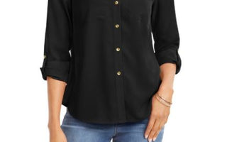 Camisa feminina Charter Club com dois bolsos, preta, tamanho X-S