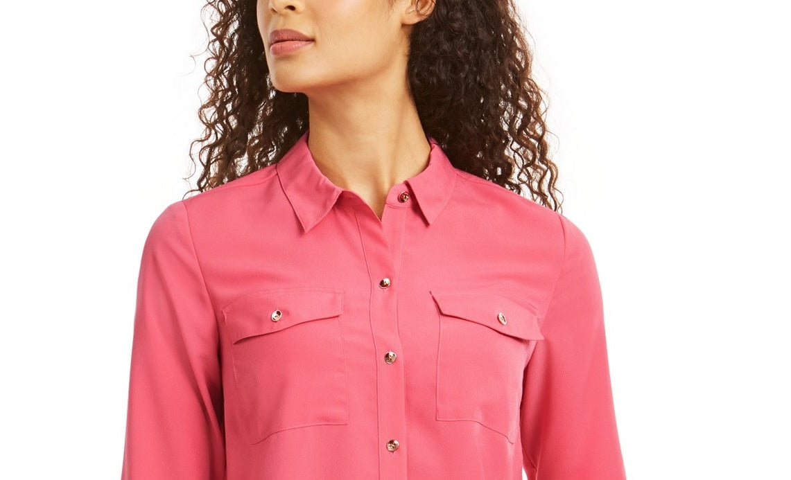 Camisa feminina Charter Club com dois bolsos, rosa, tamanho médio