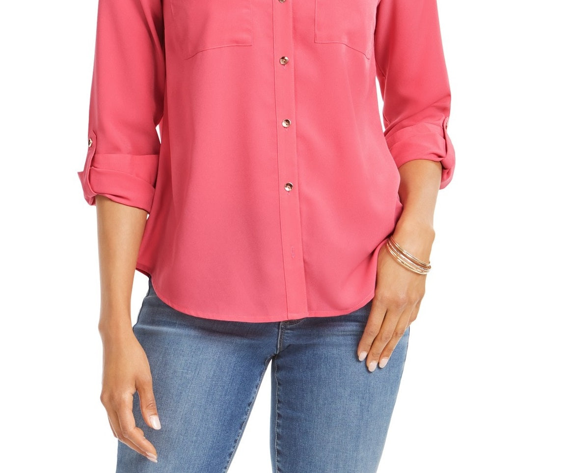 Camisa feminina Charter Club com dois bolsos, rosa, tamanho médio