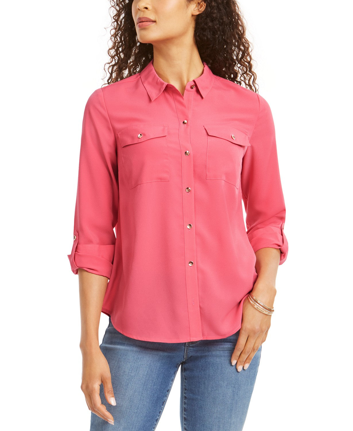 Camisa feminina Charter Club com dois bolsos, rosa, tamanho pequeno