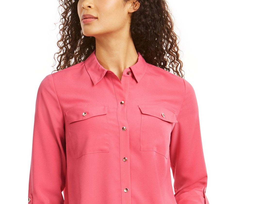 Camisa feminina Charter Club com dois bolsos, rosa, tamanho pequeno