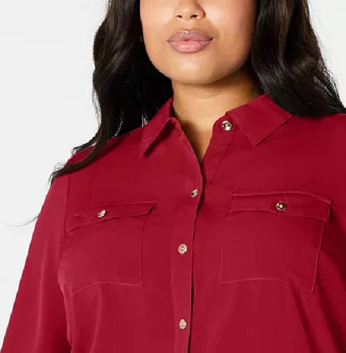 Camisa feminina plus size com botões frontais, tamanho 3X, vinho, Charter Club