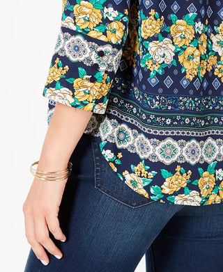 Charter Club Women's Petite 3/4-Sleeve Printed Top Blue Size Small