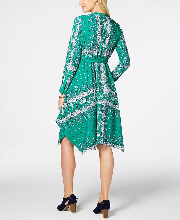 Vestido feminino de manga comprida com lenço, verde, tamanho extra grande