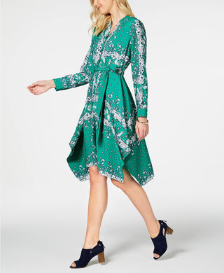 Vestido feminino Charter Club de manga comprida com lenço, verde, tamanho médio