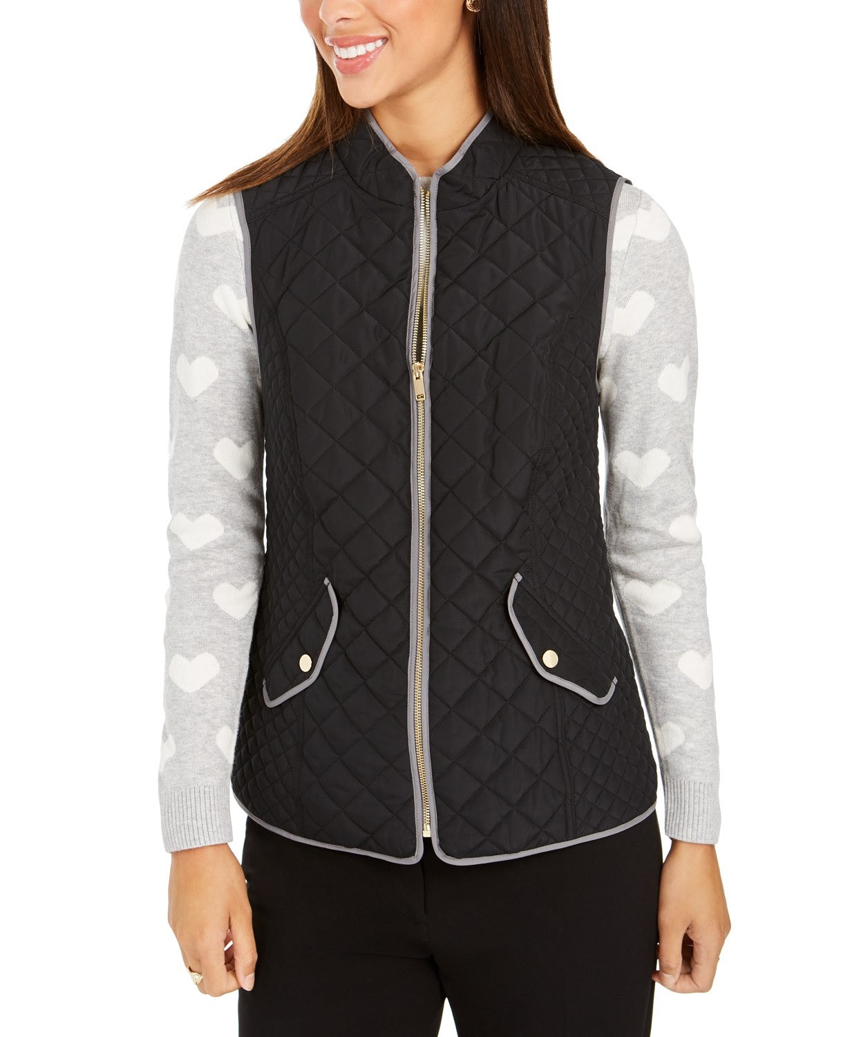 Colete feminino acolchoado com gola alta Charter Club, preto, tamanho médio