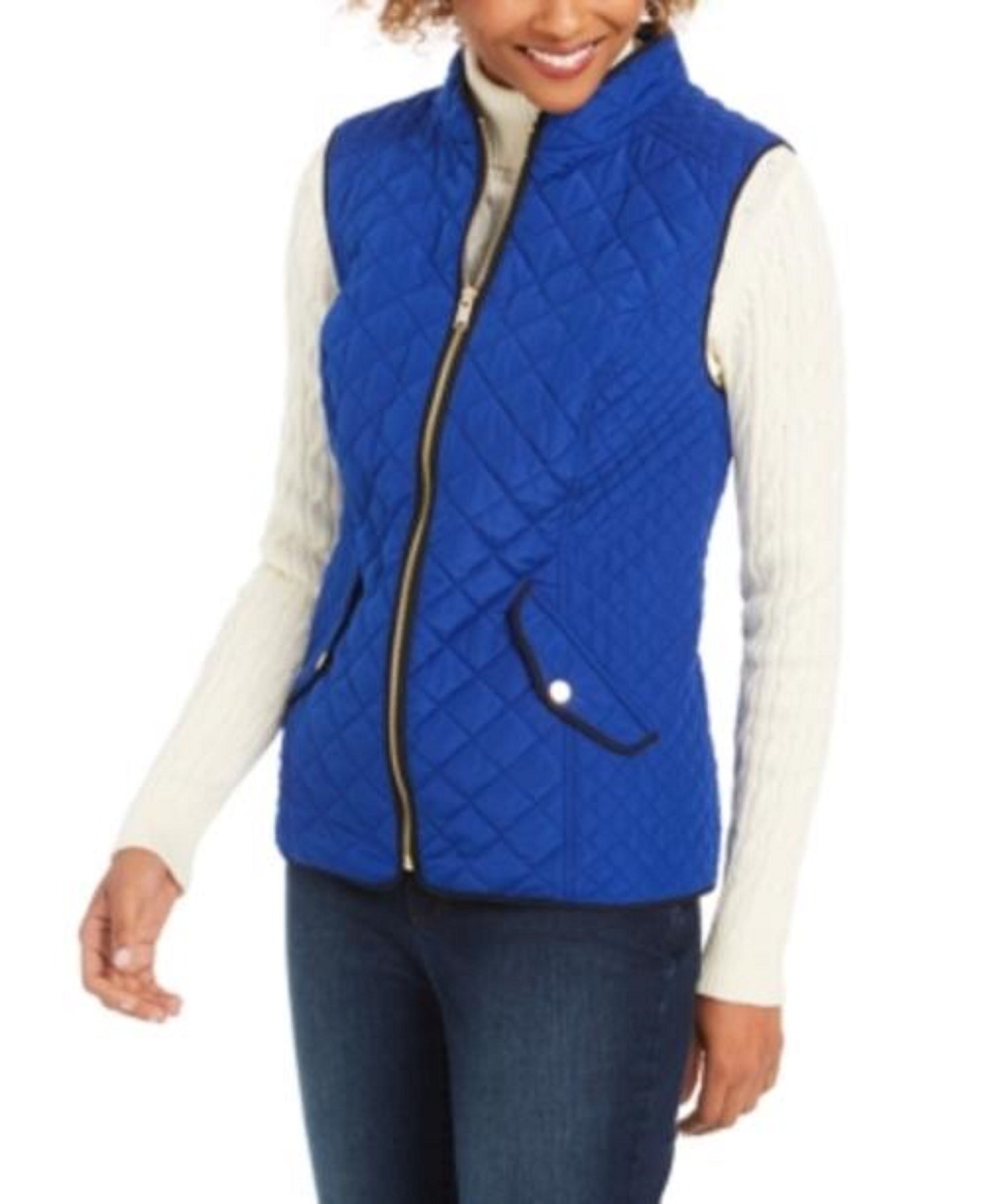 Colete feminino acolchoado com gola alta Charter Club, tamanho médio, azul, grande