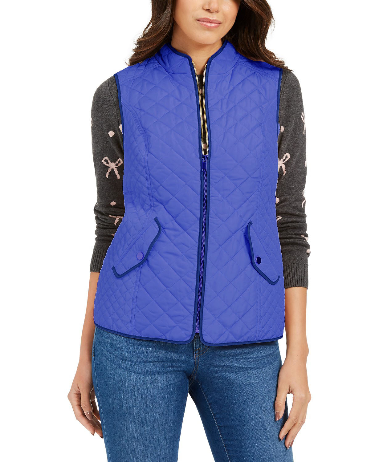 Colete feminino acolchoado com gola alta Charter Club, tamanho médio, azul