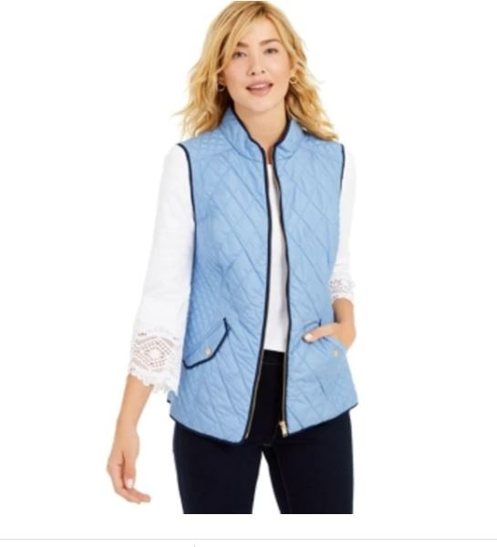 Colete feminino acolchoado com gola alta Charter Club, tamanho médio, azul, extra pequeno