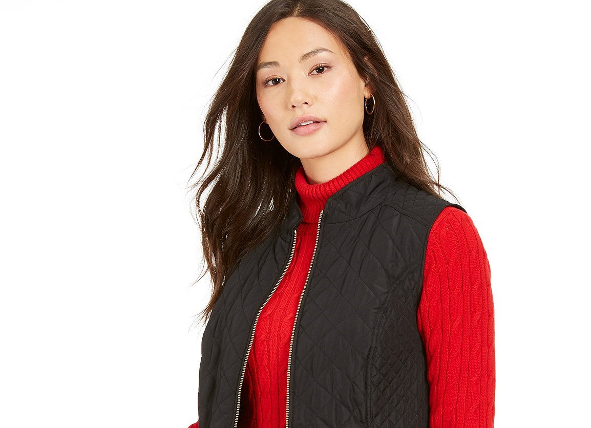 Colete feminino Charter Club Petite de algodão acolchoado com zíper frontal, tamanho pequeno, preto