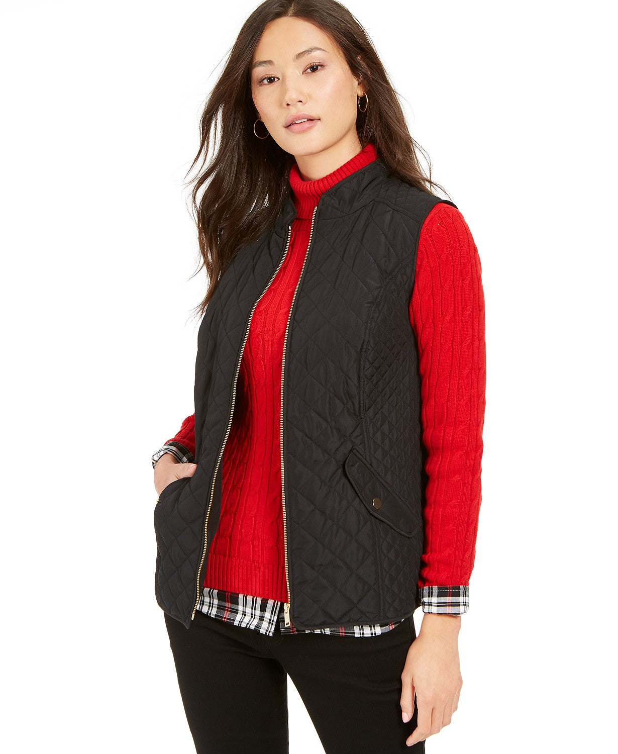 Colete feminino Charter Club Petite de algodão acolchoado com zíper frontal, preto, tamanho médio