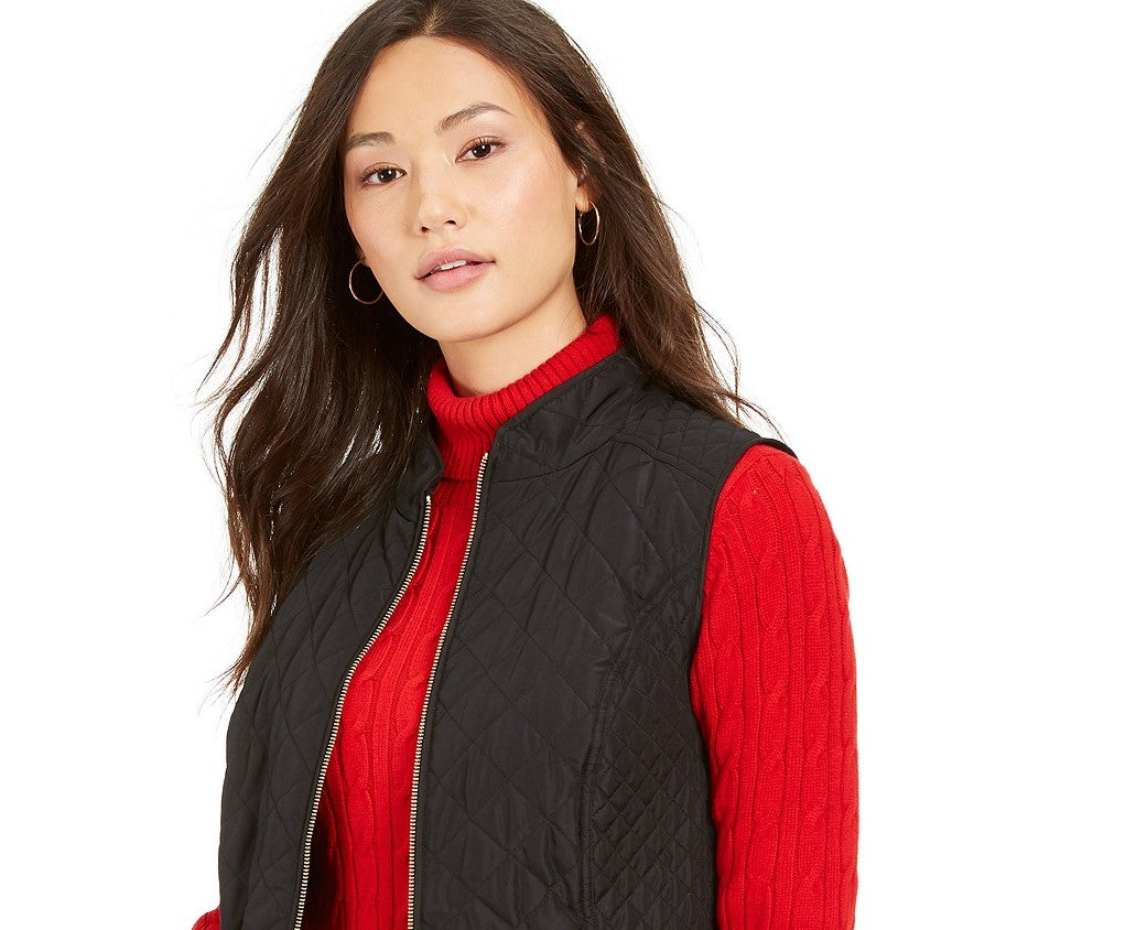 Colete feminino Charter Club Petite de algodão acolchoado com zíper frontal, preto, tamanho médio