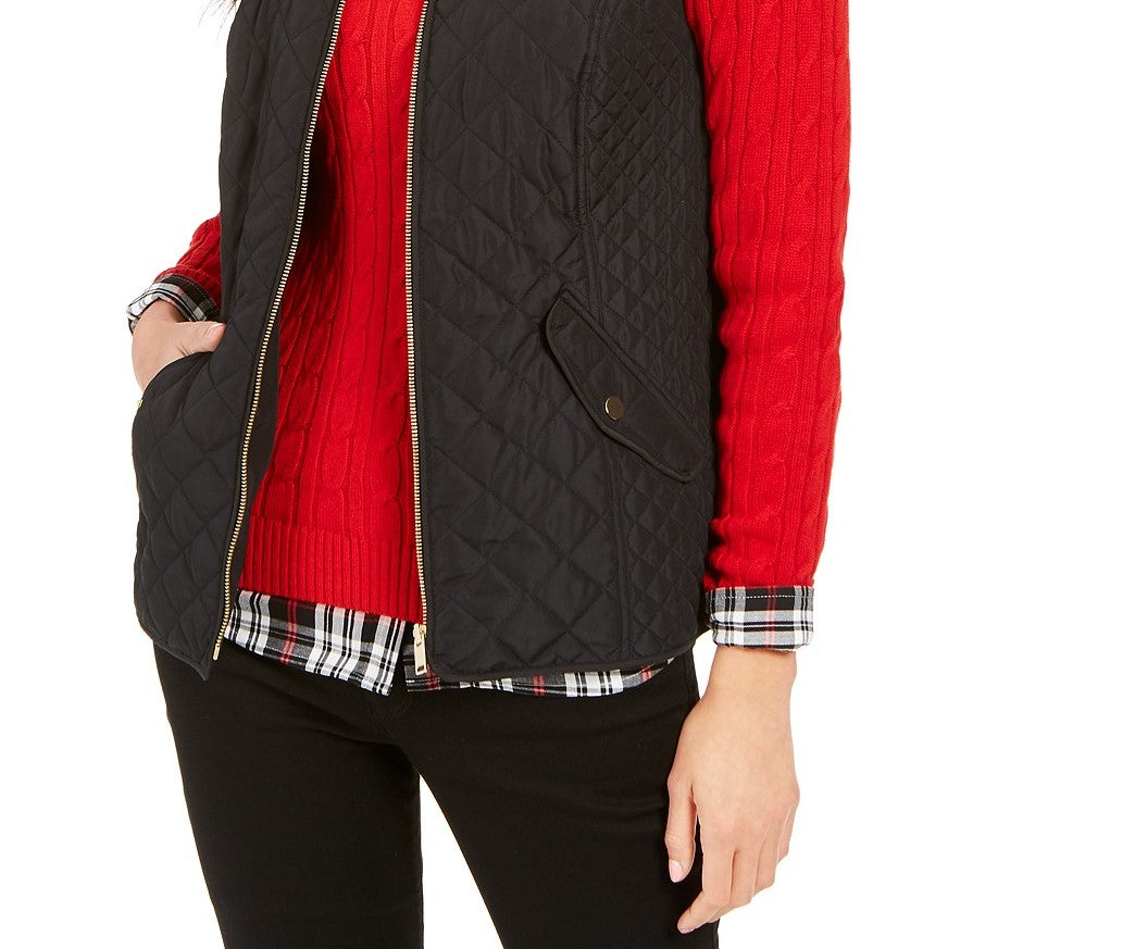Colete feminino Charter Club Petite de algodão acolchoado com zíper frontal, preto, tamanho médio