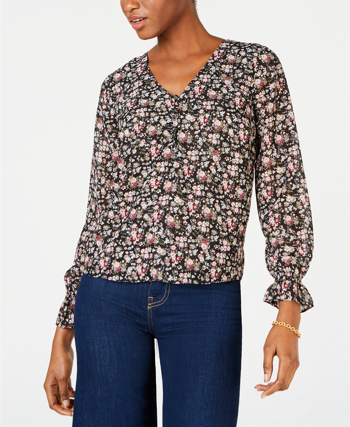 Blusa feminina estampada com decote em V Maison Jules, preta, tamanho X-S