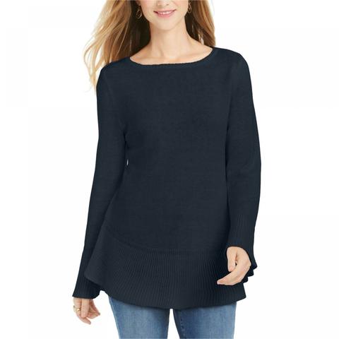 Suéter de malha com babados e bainha plissada feminino Style &amp; Co, tamanho médio, azul-marinho