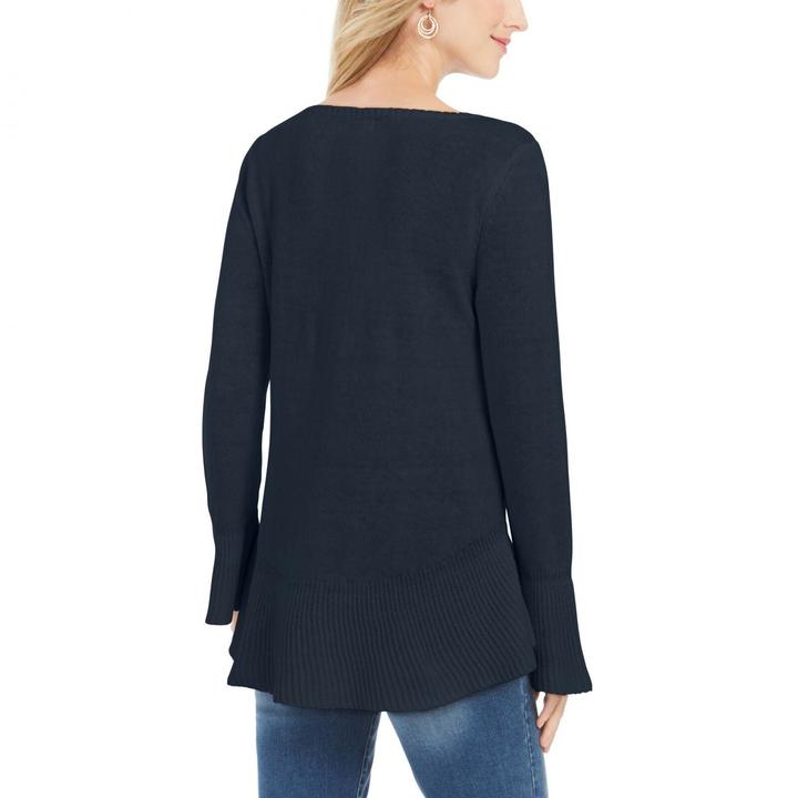 Suéter de malha com babados e bainha plissada feminino Style &amp; Co, tamanho médio, azul-marinho