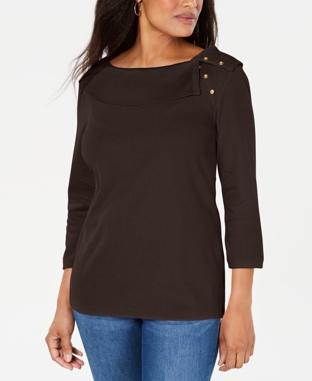 Blusa feminina Karen Scott de algodão com gola xale e botões, marrom, tamanho pequeno