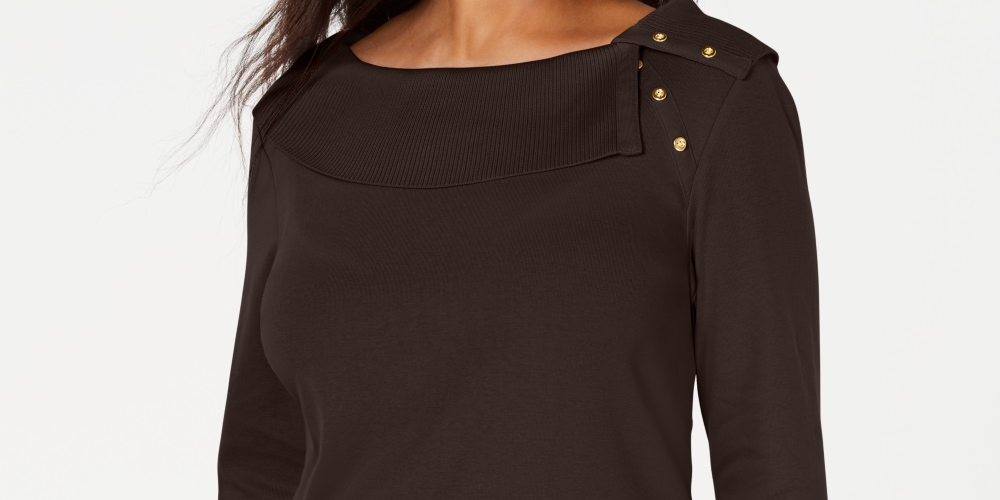 Blusa feminina Karen Scott de algodão com gola xale e botões, marrom, tamanho pequeno