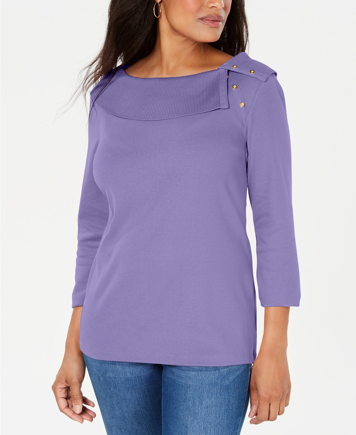 Karen Scott Blusa feminina de algodão com gola xale e botões, roxa, tamanho extra pequeno