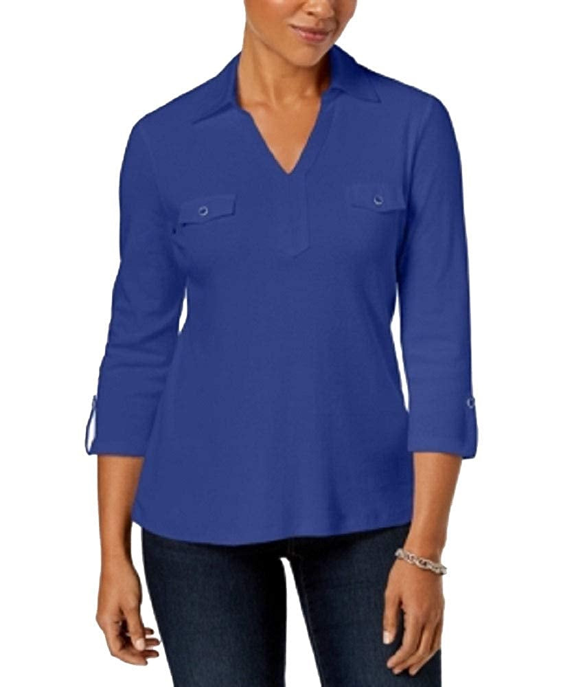 Camisa utilitária feminina Karen Scott de algodão Johnny-Collar, azul ultra, tamanho pequeno