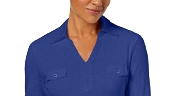 Camisa utilitária feminina Karen Scott de algodão Johnny-Collar, azul ultra, tamanho pequeno