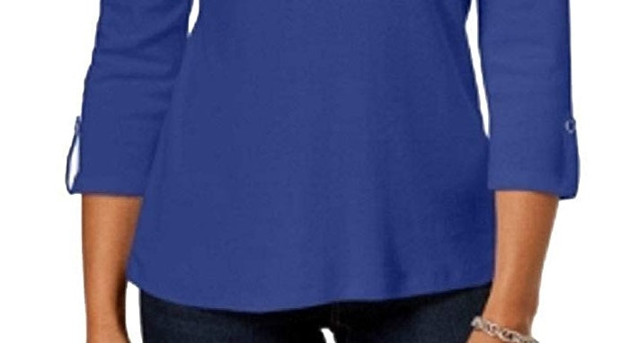 Camisa utilitária feminina Karen Scott de algodão Johnny-Collar, azul ultra, tamanho pequeno