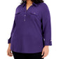 Karen Scott Top Plus Size Feminino Liso Gola V Tecido Roxo Tamanho X-G