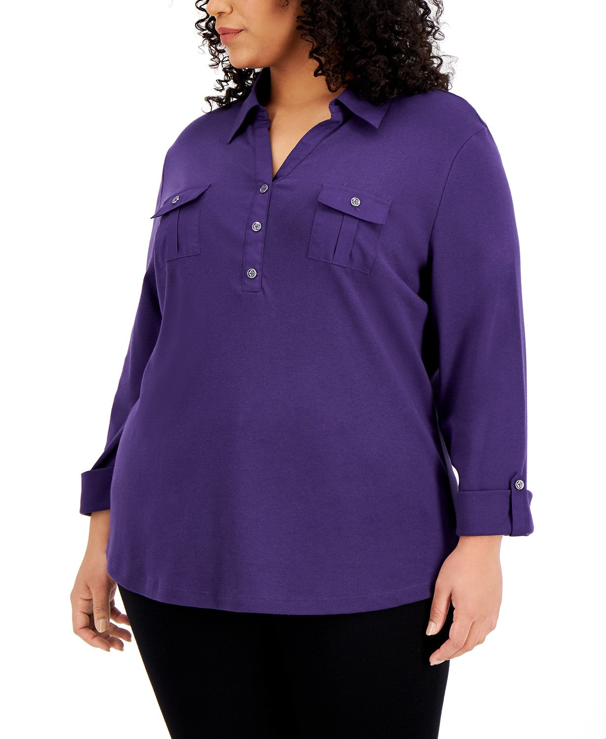 Karen Scott Top Plus Size Feminino Liso Gola V Tecido Roxo Tamanho X-G