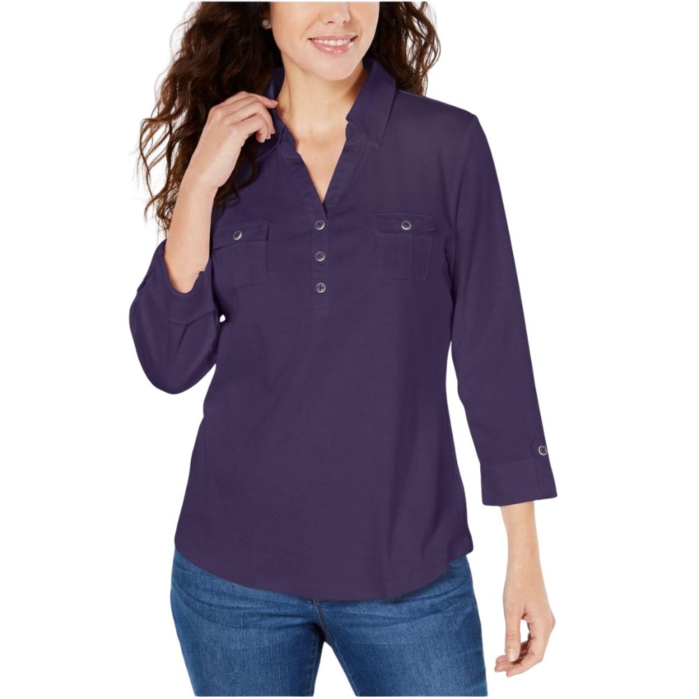 Camisa polo feminina Karen Scott manga 3/4 roxa tamanho pequeno