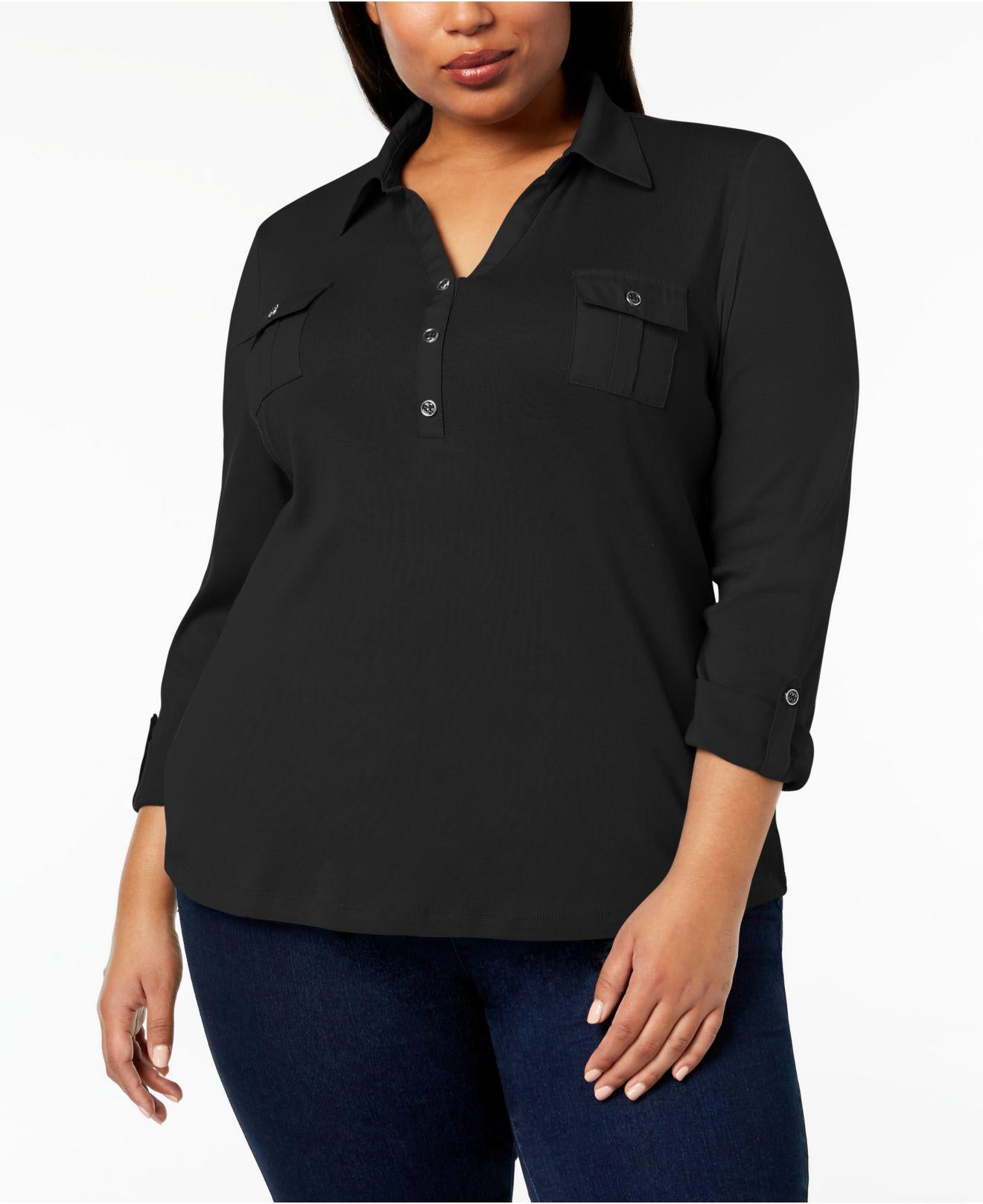 Polo Karen Scot Plus Size de Algodão Manga 3/4 Feminino Preto Tamanho 2 Extra Grande
