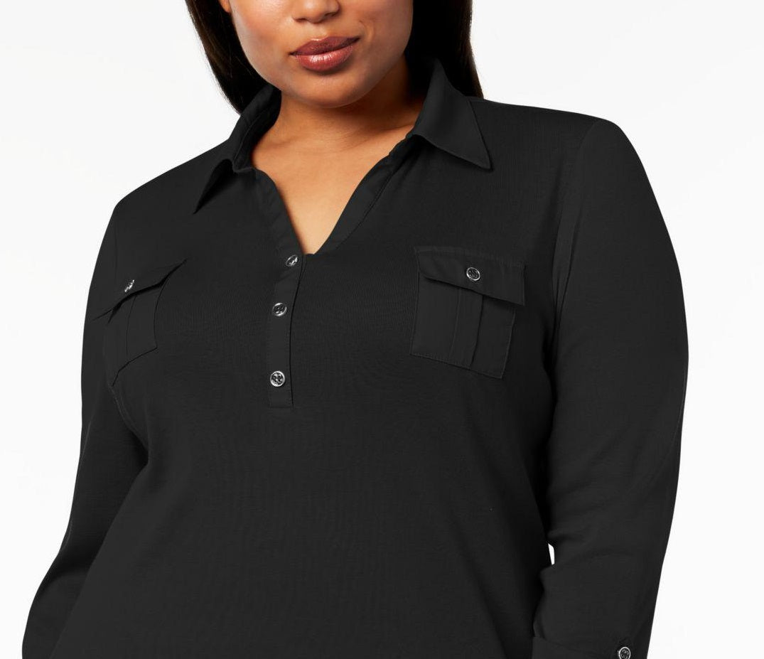 Polo Karen Scot Plus Size de Algodão Manga 3/4 Feminino Preto Tamanho 2 Extra Grande