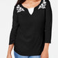 Blusa feminina Karen Scott de algodão bordado com efeito em camadas, preta, tamanho médio
