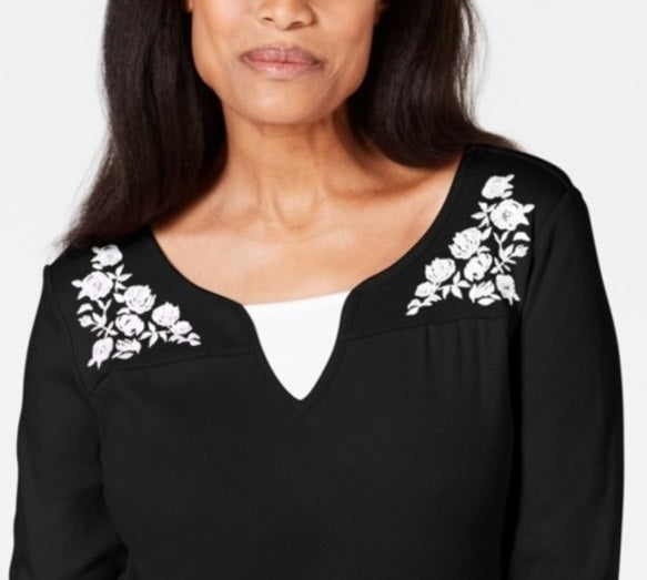 Blusa feminina Karen Scott de algodão bordado com efeito em camadas, preta, tamanho médio