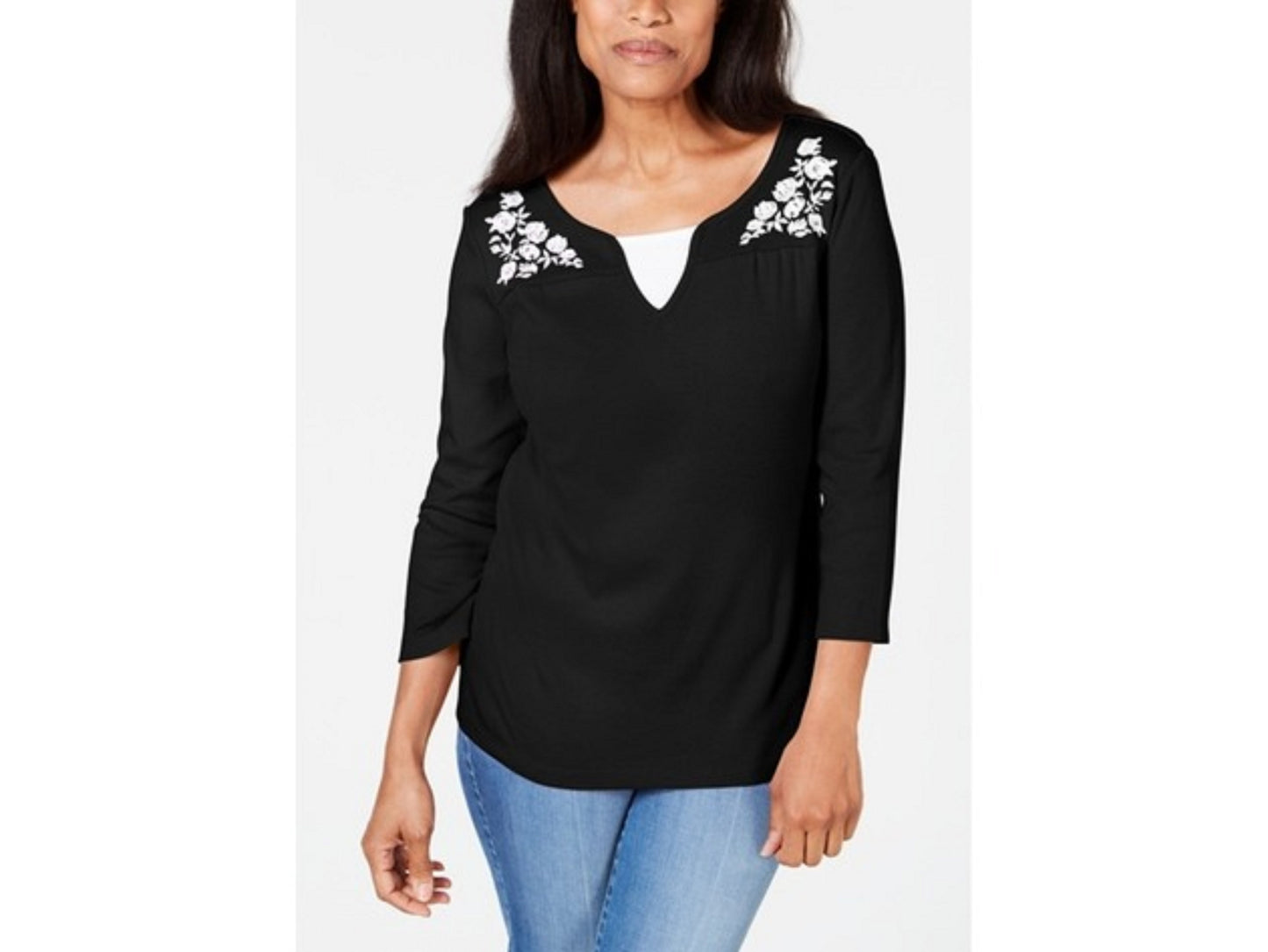 Blusa feminina Karen Scott de algodão bordado com efeito em camadas, preta, tamanho pequeno