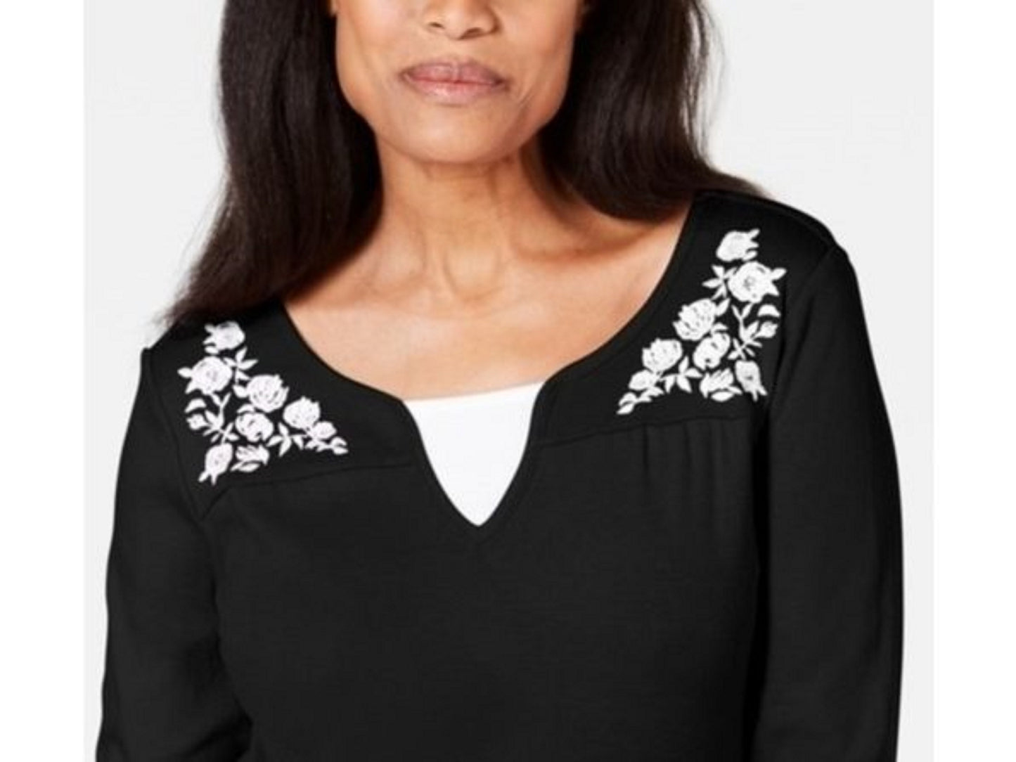Blusa feminina Karen Scott de algodão bordado com efeito em camadas, preta, tamanho pequeno