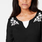 Karen Scott Blusa feminina bordada de algodão com efeito em camadas, preta, tamanho extra pequeno