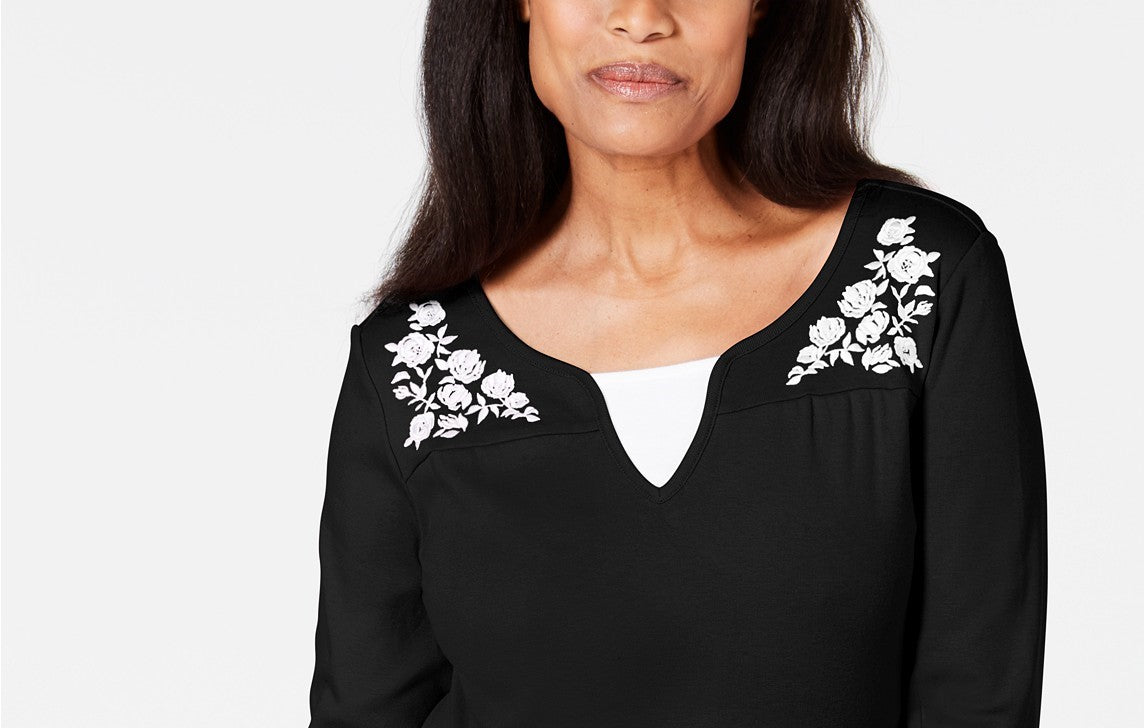 Karen Scott Blusa feminina bordada de algodão com efeito em camadas, preta, tamanho extra pequeno