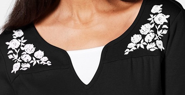 Karen Scott Blusa feminina bordada de algodão com efeito em camadas, preta, tamanho extra pequeno