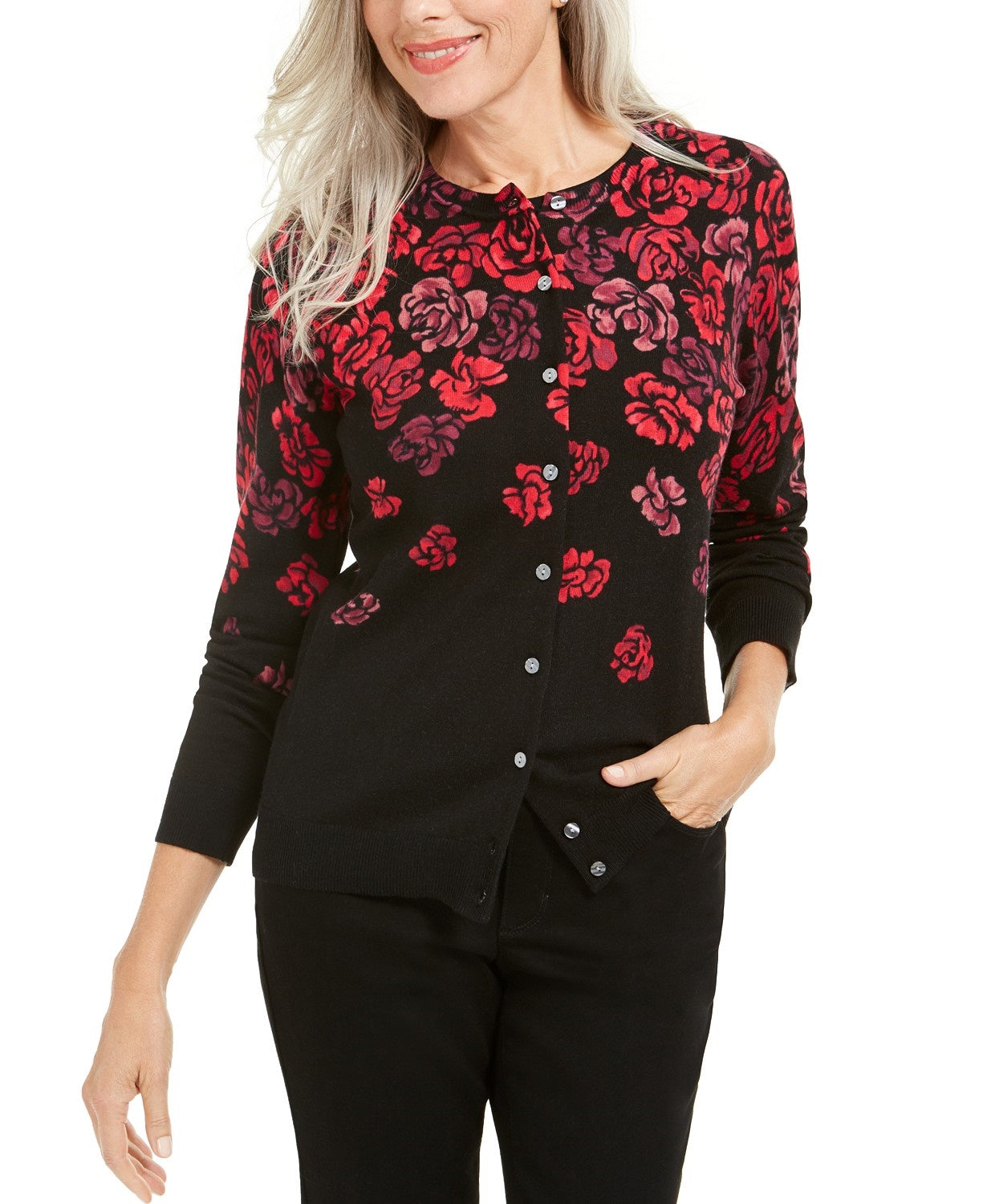 Karen Scott Cardigan Feminino Serenity Estampado Floral Vermelho Tamanho P