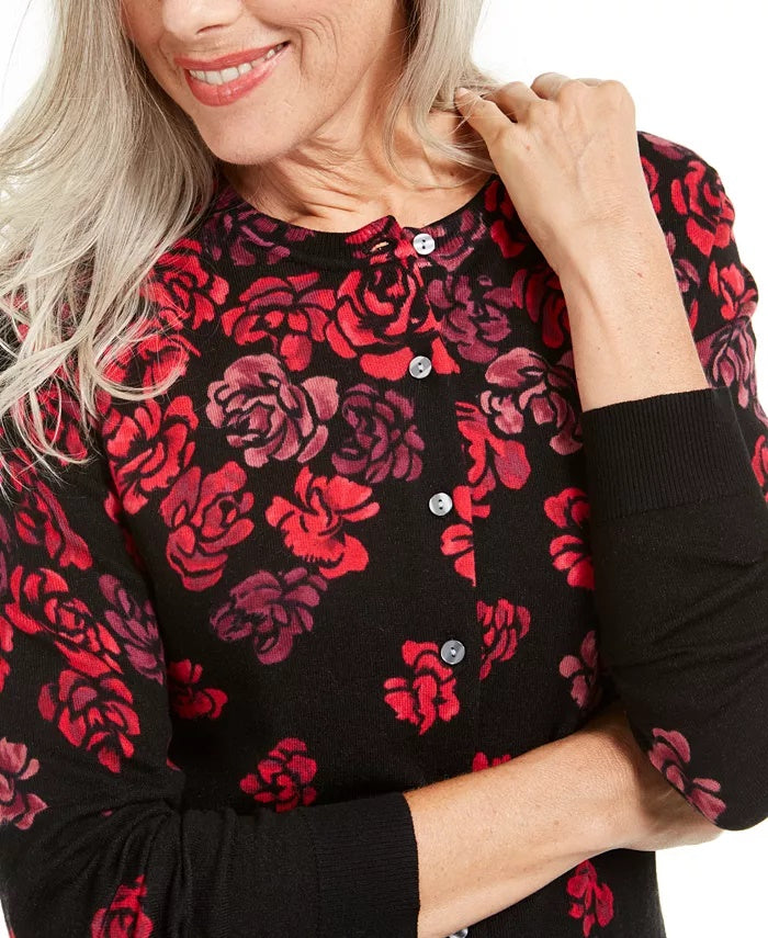 Karen Scott Cardigan Feminino Serenity Estampado Floral Vermelho Tamanho P