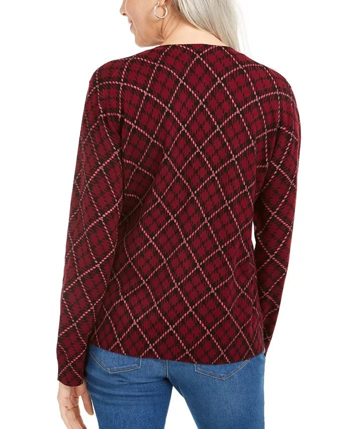 Karen Scott Cardigan Feminino Estampado Xadrez para Festas, Vermelho, Tamanho Grande