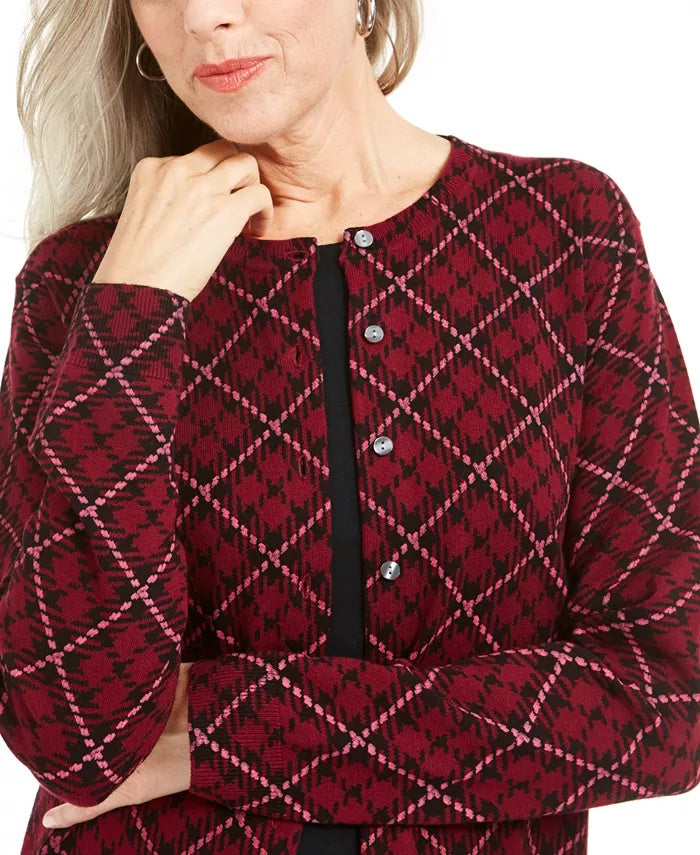 Karen Scott Cardigan Feminino Estampado Xadrez para Festas, Vermelho, Tamanho Grande