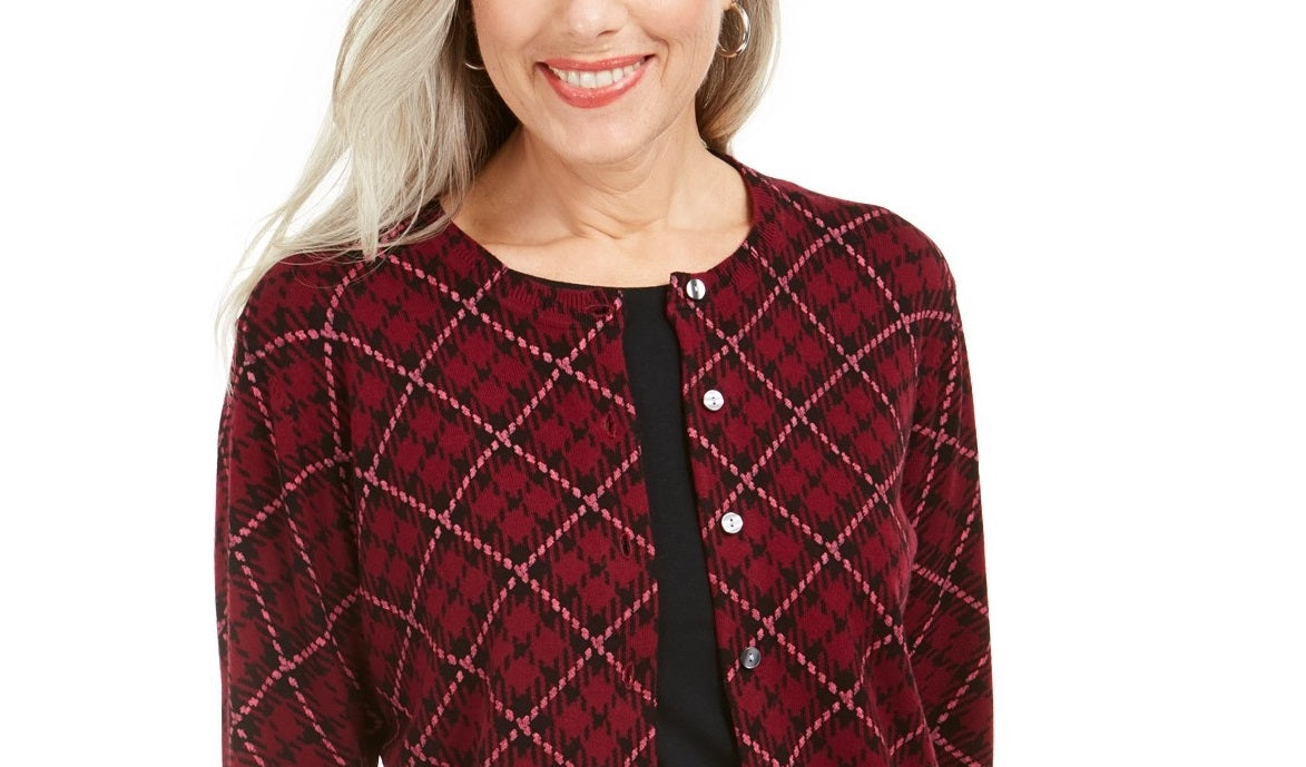 Karen Scott Cardigan Feminino Estampado Xadrez para Festas Ks Merlot Tamanho P