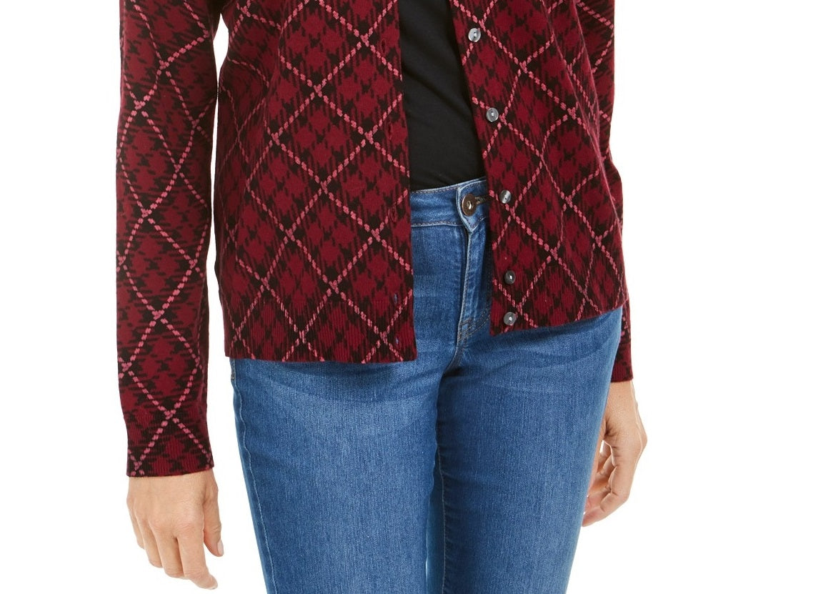 Karen Scott Cardigan Feminino Estampado Xadrez para Festas Ks Merlot Tamanho P
