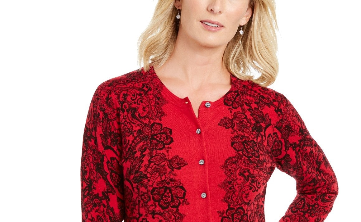 Karen Scott Cardigan Feminino Estampado em Renda Vermelho Tamanho P