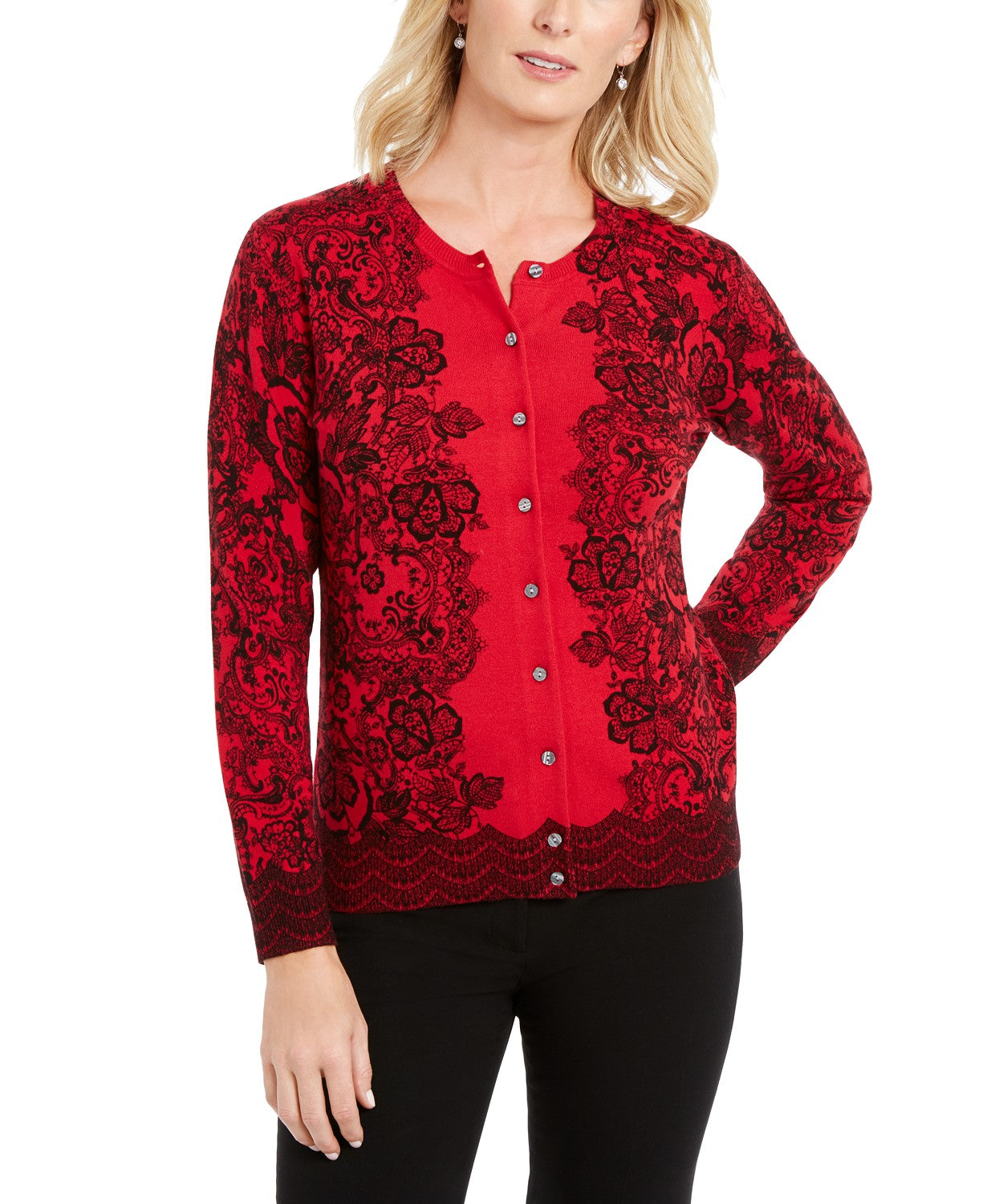 Karen Scott Cardigan feminino com estampa de renda, vermelho, tamanho extra grande